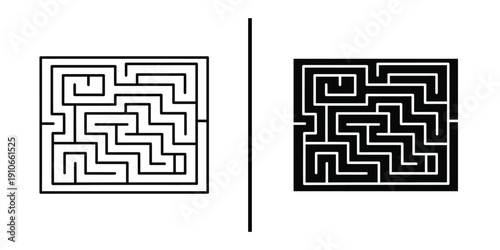 Maze Labyrinth Icon Vector Line Art and Silhouette for Logic and Strategy.