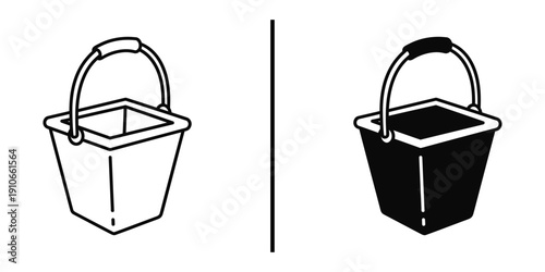 Bucket Icon Vector Line Art and Solid Silhouette for Cleaning and Garden.