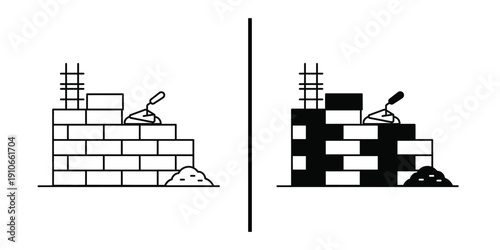 Bricklaying Wall Construction with Trowel and Cement Vector Icon for Masonry Service.