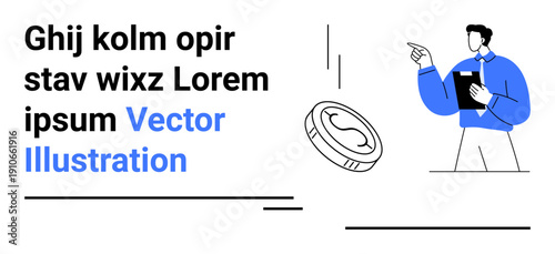 Finance, education, presentation, leadership, business training, strategy. A professional gestures at a floating coin while holding a clipboard. Finance and education in a business setting concept