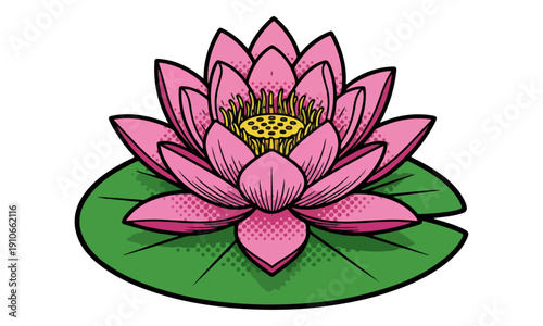 Pink Lotus Flower on Lily Pad Pop Art Comic Halftone Illustration