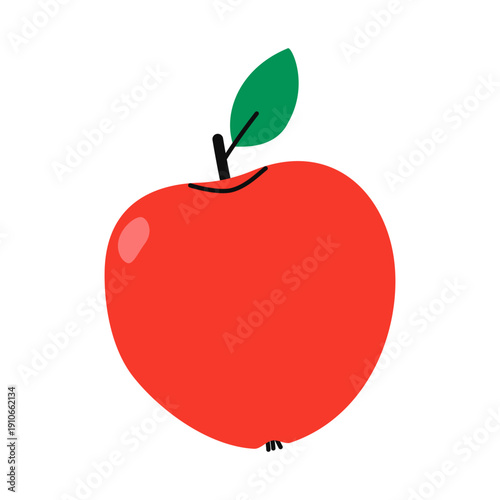 Red apple fruit with green leaf, cute hand drawn style vector illustration