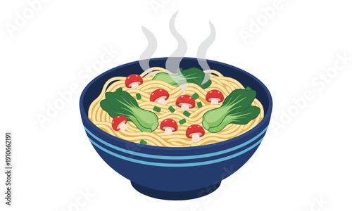 Steaming Ramen Noodles with Mushrooms and Bok Choy in Blue Bowl