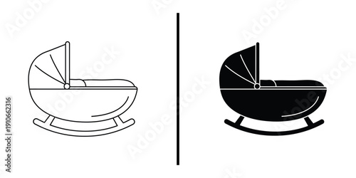 Baby Rocking Cradle Bassinet Vector Illustration Line Art and Silhouette Icon Set.