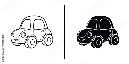 Cute Cartoon Car Toy Vector Illustration Line Art and Silhouette Icon Set.