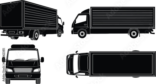 Delivery box truck silhouette set with side, front, rear and top views isolated on white background for logistics transportation design