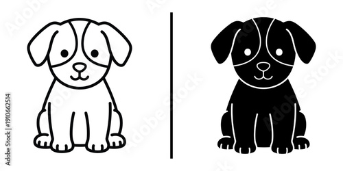 Cute Puppy Dog Sitting Vector Illustration Line Art and Silhouette Icon Set.