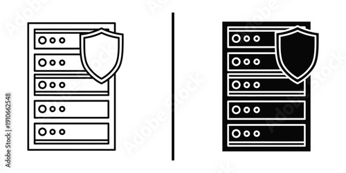 Secure Server Rack with Shield Vector Icon for Data Hosting Protection and Cloud Storage Security