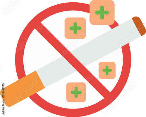 Illustration of a cigarette crossed out by a red prohibition sign with medical symbols