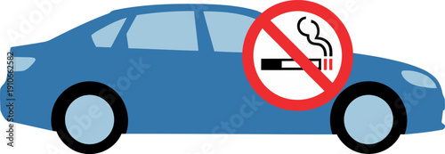 No smoking sign on a blue car illustration indicating prohibition on smoking inside the vehicle, viewed from the side