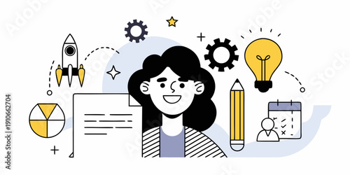 Woman surrounded by creative tools and concepts representing innovation