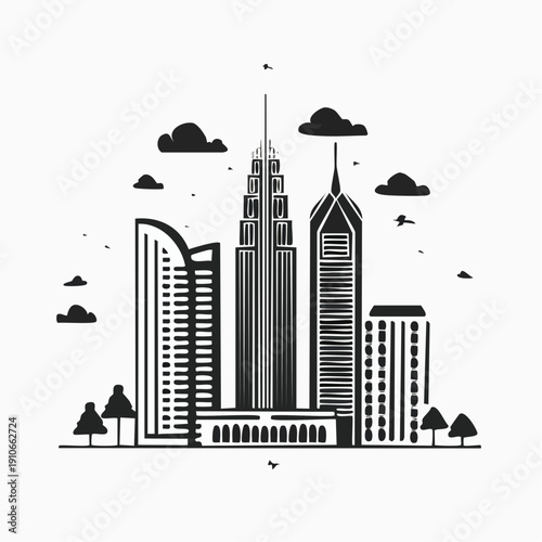 Modern City Skyline with Skyscrapers and Clouds.