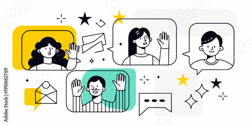 People connecting in a virtual meeting waving and communicating online