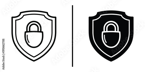 Security Shield with Padlock Emblem Icon Set Vector Line and Silhouette