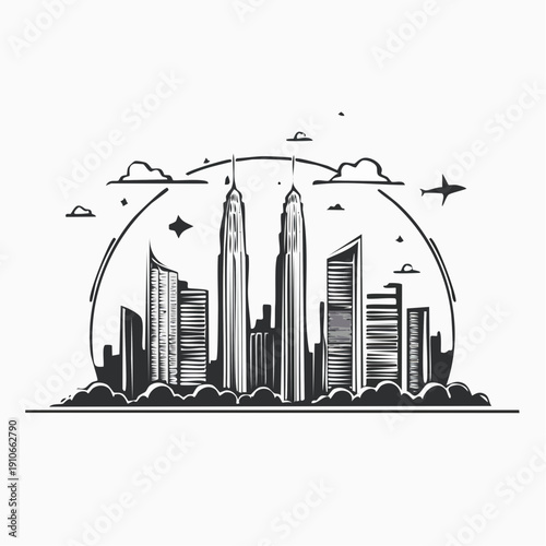 Modern cityscape with skyscrapers and flying objects illustration.