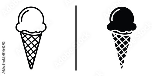 Classic Single Scoop Ice Cream Cone Dessert Icon Vector Set