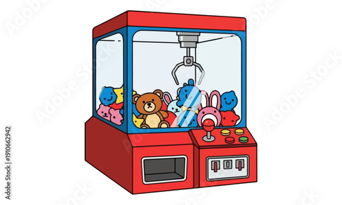 Claw Game Machine with Colorful Plush Toys Isolated on White