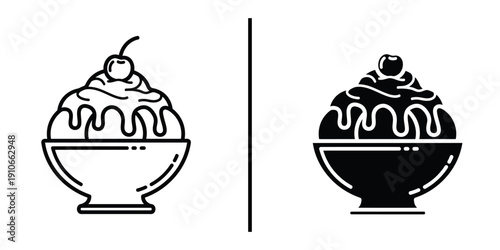 Ice Cream Sundae with Whipped Cream Icon Set Vector Line and Silhouette