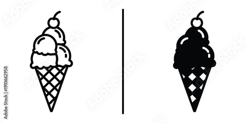 Triple Scoop Ice Cream Cone with Cherry Icon Set Vector Line and Silhouette
