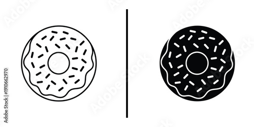 Glazed Donut with Sprinkles Pastry Icon Set Vector Line and Silhouette