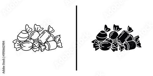 Pile of Wrapped Candies and Sweets Icon Set Vector Line and Silhouette