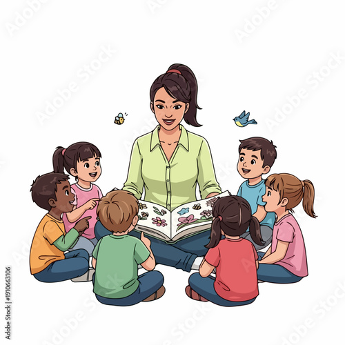 Teacher reading book to diverse preschool children during engaging story time kids activity. Group of young students listening attentively to captivating book content,