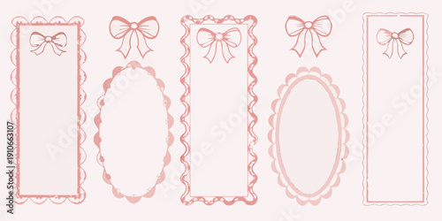 Five pink decorative frames with bows and ornate edges illustrated style