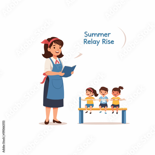 Kids education scene depicts female teacher reading book to young children, focused kids education activity features adult educator with group of students on bench,