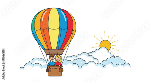 Colorful hot air balloon carries two people above fluffy clouds