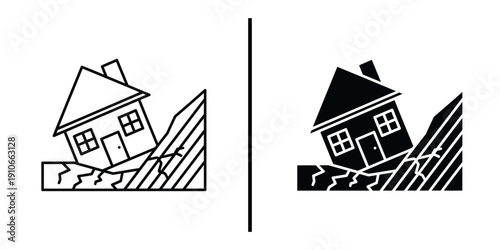 House Landslide and Soil Erosion Disaster Icon Set Vector Line and Silhouette