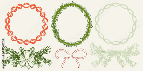 Three wreaths and botanical elements in varying colors and styles