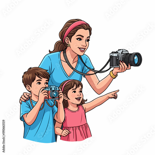 Smiling kids photography with mother and children looking through cameras. Kids photography shows mother, boy with cameras, girl pointing. Engaging kids photography concept for hobby, education.
