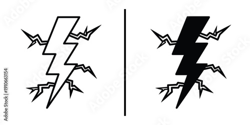 Jagged Lightning Bolt Flash Icon Set Vector Line and Silhouette