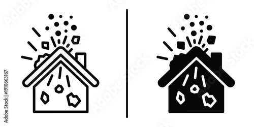 Hail Storm Damage to House Roof Icon Set Vector Line and Silhouette