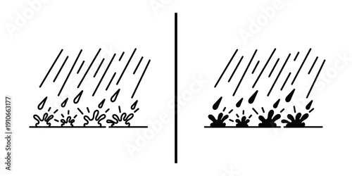 Rain Splashing on Ground Surface Weather Icon Set Vector Line and Silhouette