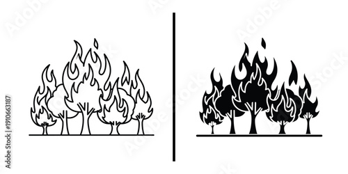 Wildfire Forest Fire and Burning Trees Icon Set Vector Line and Silhouette