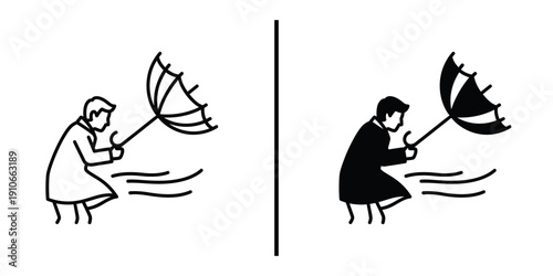 Person with Umbrella in Strong Wind Icon Set Vector Line and Silhouette