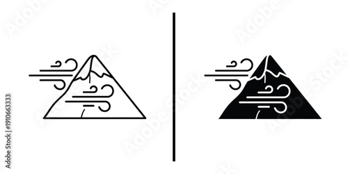 Mountain Peak with Strong Wind Icon Set Vector Line and Silhouette