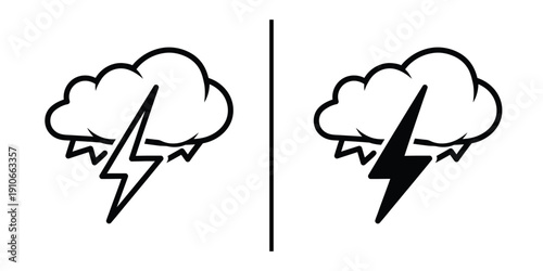 Storm Cloud with Lightning Bolt Icon Set Vector Line and Silhouette