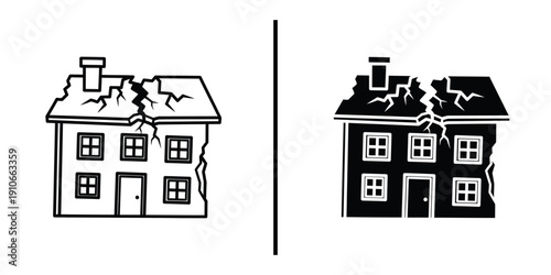 Cracked House Damage and Structural Failure Icon Set Vector Line and Silhouette