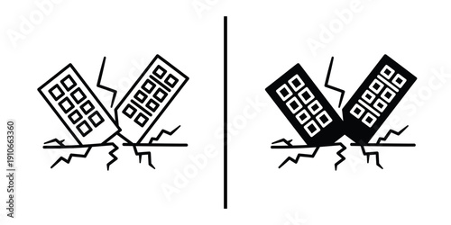 Earthquake City Disaster and Building Collapse Icon Set Vector Line and Silhouette