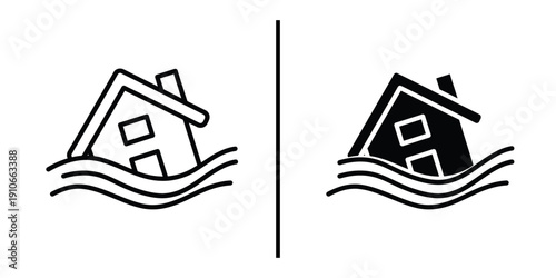 House Flooding and Natural Disaster Icon Set Vector Line and Silhouette