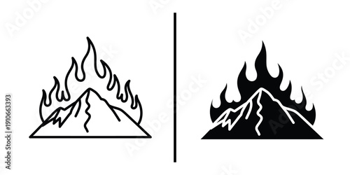 Mountain on Fire Vector Icons, Linear and Silhouette Flame Volcano Symbols Set