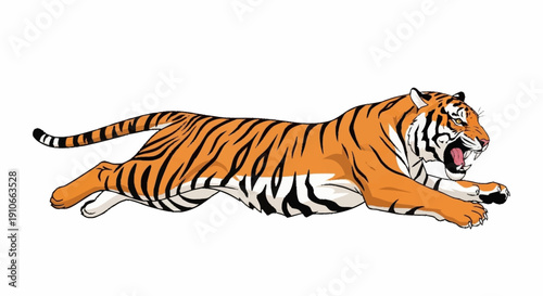 Majestic Tiger in Mid-Stride with Open Mouth.