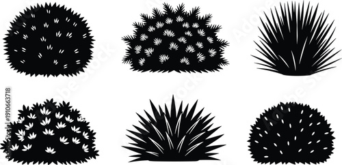 Black bush and grass silhouettes collection featuring decorative garden plants, shrubs and foliage shapes, flat vector illustration set isolated on light background for landscape design