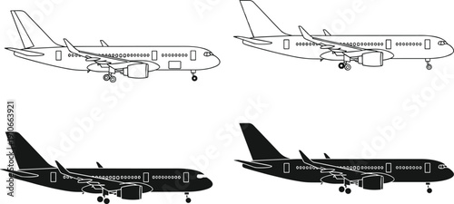 Passenger airplane silhouette set featuring outline and solid commercial jet aircraft isolated on light background for aviation transport design projects
