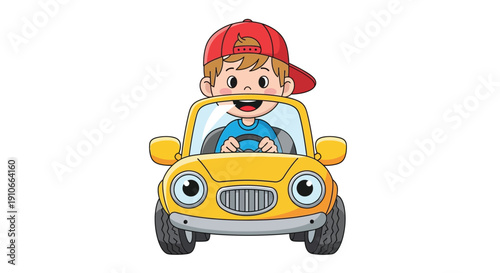 A smiling boy with a red cap driving a bright yellow cartoon car