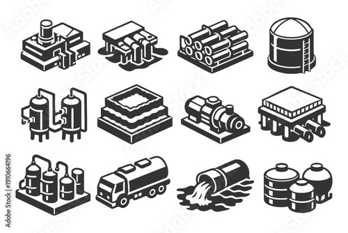 Industrial icons set featuring factories, machinery, and storage facilities.