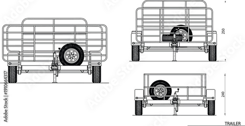 Technical drawing of utility cargo trailer front and rear views with detailed dimensions isolated on light background for engineering and manufacturing design use