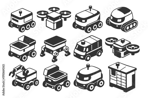 Isometric illustrations of delivery robots and drones in various designs.